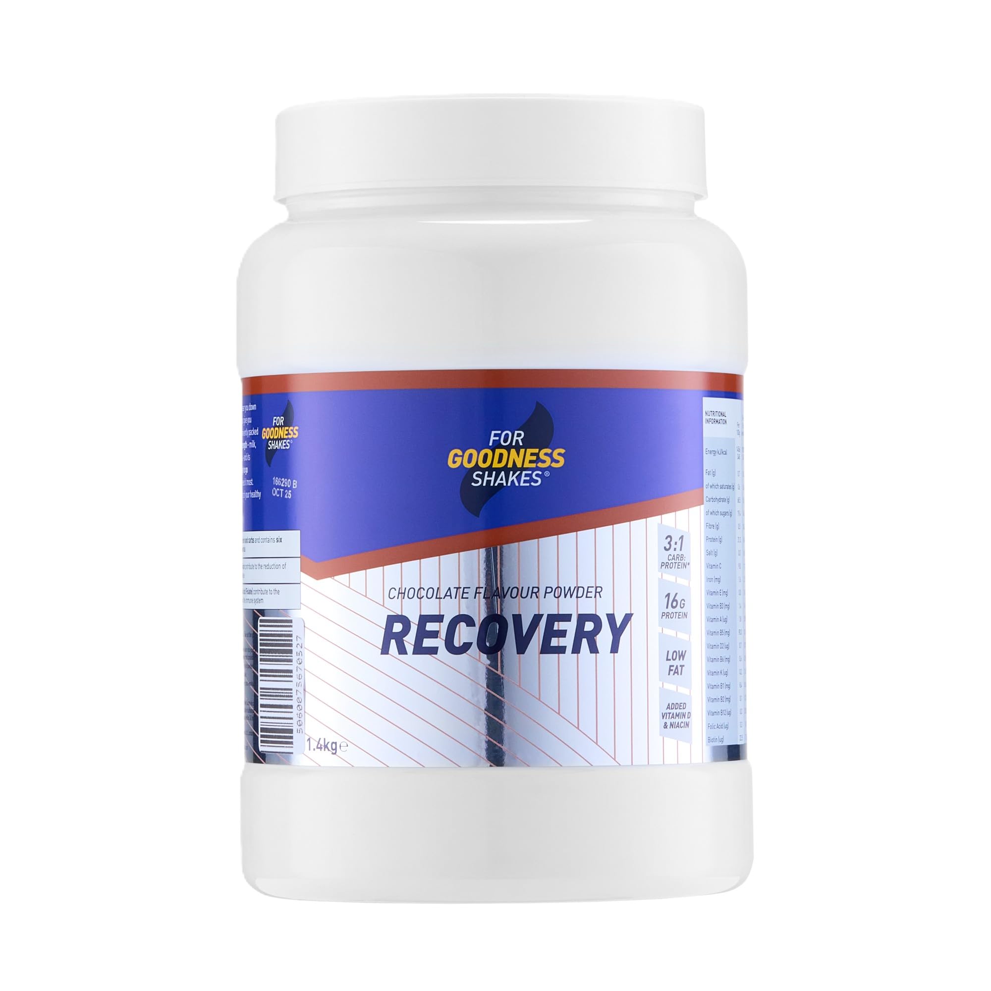 For Goodness Shakes Chocolate Recovery Powder, 16g Protein per 75g, Zero Fat & High Carb With Protein, Folic Acid & Niacin, Post Workout Protein Powder, 20 servings, 1.4 kg