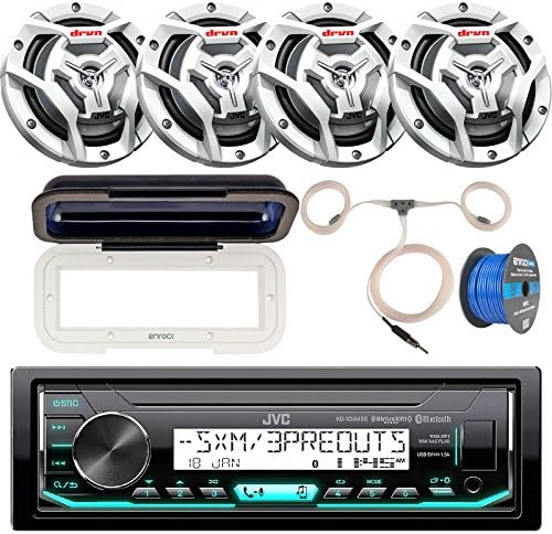 Bay Boat Audio Package: JVC KD-X35MBS Marine Single DIN AM/FM Bluetooth SiriusXM Receiver, Single DIN Radio Cover, 4x JVC CS-DR6200M 6.5" Marine 2-Way White Speakers, Antenna, Tinned Speaker Wire