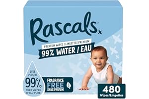 Rascals Premium Baby Wipes, 99% Water, 480 Count, Plastic-Free, Hypoallergenic, pH Balanced for Gentle Daily Care