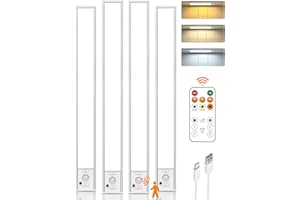 LENOMA Under Cabinet Lighting Wireless,16 inch LED Motion Sensor Light Indoor, USB Rechargeable Closet Lights with Remote Control, 3 Color Temps Under Counter Lights for Kitchen, Wardrobe, Stairs, 4 Pack