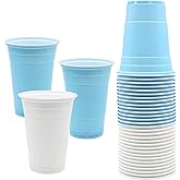 30 Pcs 16 oz Disposable Plastic Cups Bulk for Graduation Party Wedding Theme Party Birthday (Blue,White)