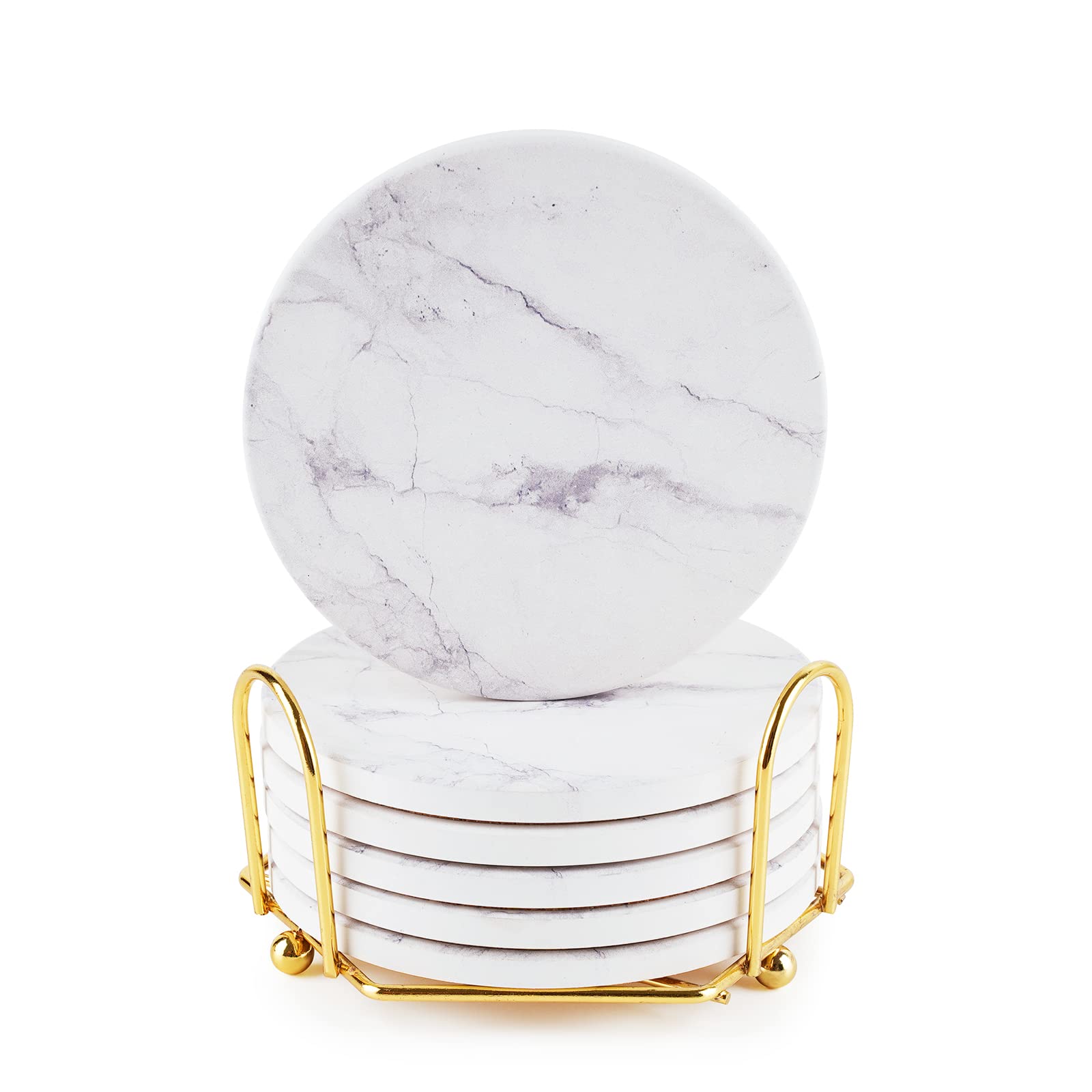 White Coasters,Geichan Coasters Set of 6, Ceramic Marble Coaster with Holder and Cork Base for Cups, Tables and Home Decor,4" — image 1