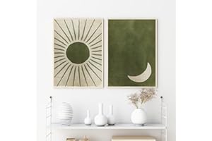 2pcs Olive Green Abstract Boho Sun and Moon Canvas Wall Art Set - Print Painting, Frameless Polyester for Living Room & Bedro
