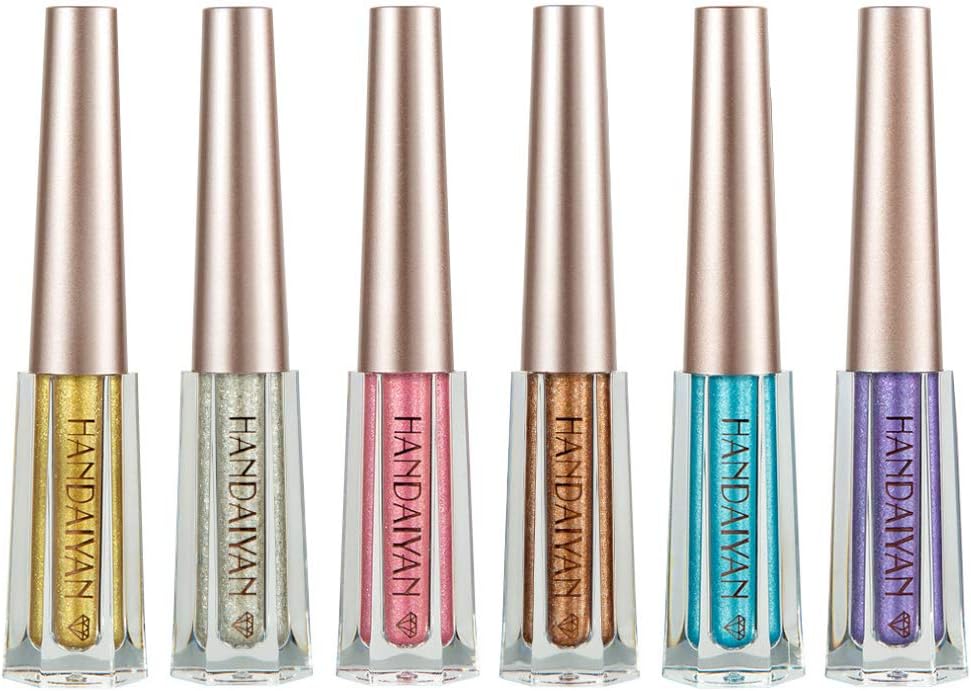 Glitter Liquid Eyeshadow, Glitter Eyeliner, Makeup Eyeshadow Liquid Set, 6 Colors Sparkling Deep Stereoscopic Long Lasting Waterproof Liquid Eyeshadow Set Face Lips Set for Wedding Party Cosplay