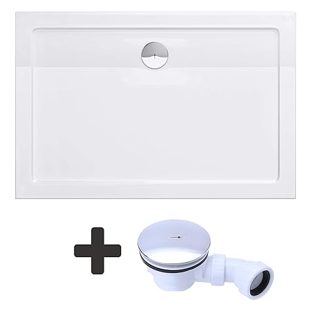 Sogood Duschtasse Duschwanne Faro2W 90x140x4 flach inkl. Ablaufgarnitur aus Acryl in Weiß Rechteckig DIN-Anschlüsse für boden