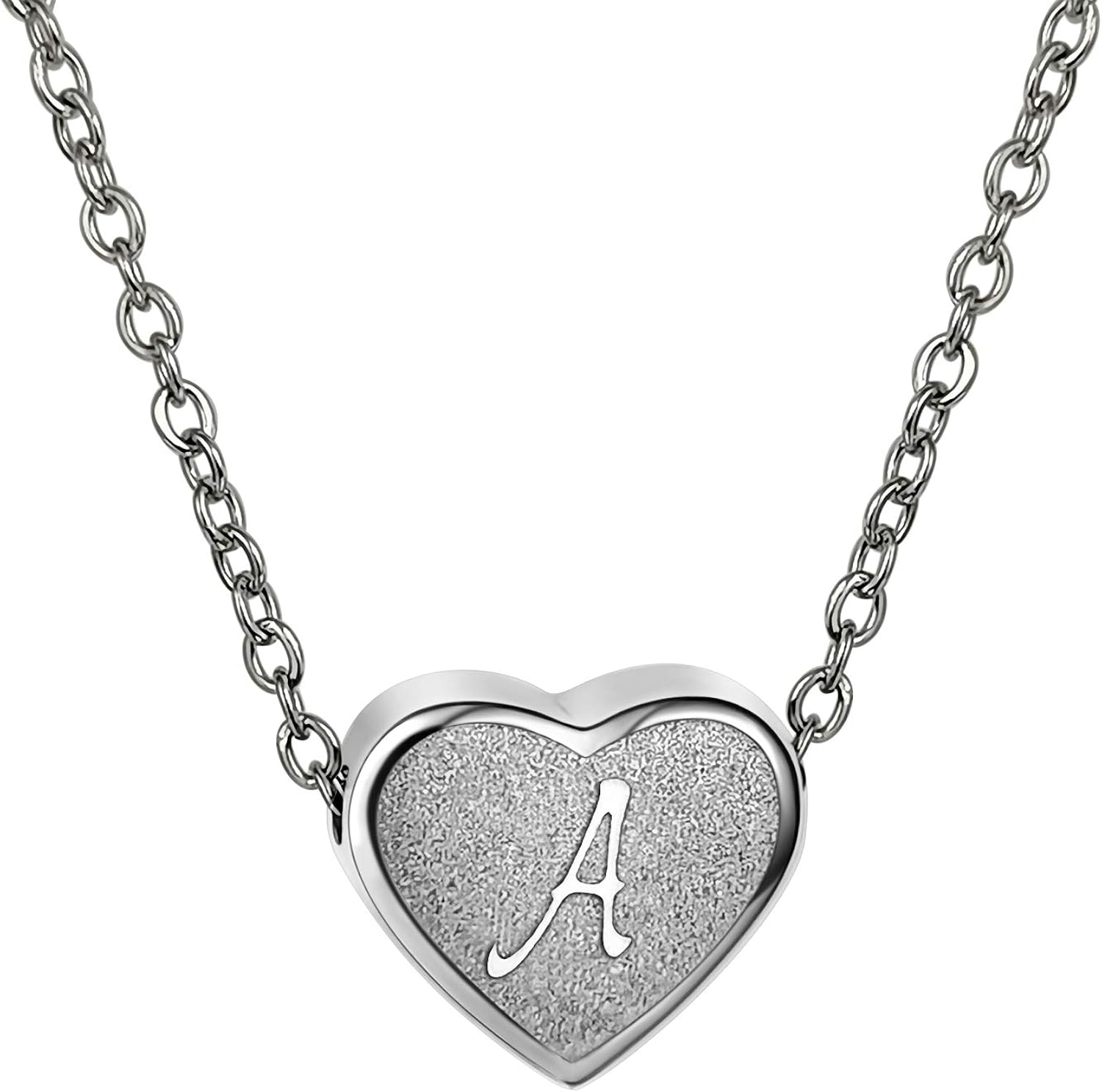 CHENGMEN Initial Necklace Alphabet Letter A Engraved Tiny Cute Matte Heart Pendant White Gold Plated Stainless Steel Silver Necklaces Unique Jewellery for Women Girls