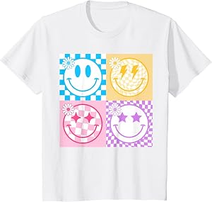 Retro Happy Smile Face Checkered Pattern Vibes Trendy Girls T-Shirt
