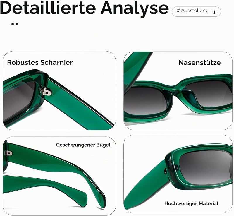 Sonnenbrille für Frauen Retro Fahrbrille Vintage Schmaler Quadratischer Rahmen UV400 Schutz (Transparenter grüner Rahmen/graue Linse mit Farbverlauf) — Foto 5 von 6