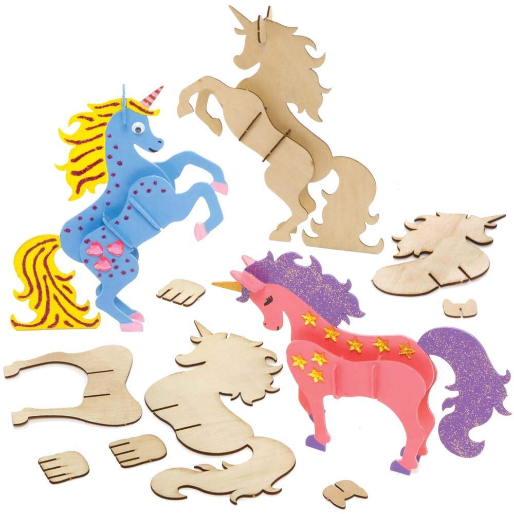 Baker Ross FE265 Unicorn Woodcraft Kits - Pack of 4, Wooden Crafts for Children to Decorate and Display, Kids Educational Activity