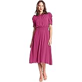 London Times Women's Caterpillar Puff Sleeve Midi Dress - Gathered Waist A-Line Flowy Summer Dress