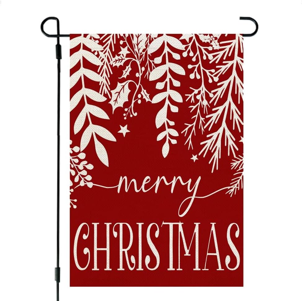 Flags - CROWNED BEAUTY Merry Christmas Floral Garden Flag 12x18 Inch Small Double Sided Red Burlap Outdoor Yard Winter Decoration