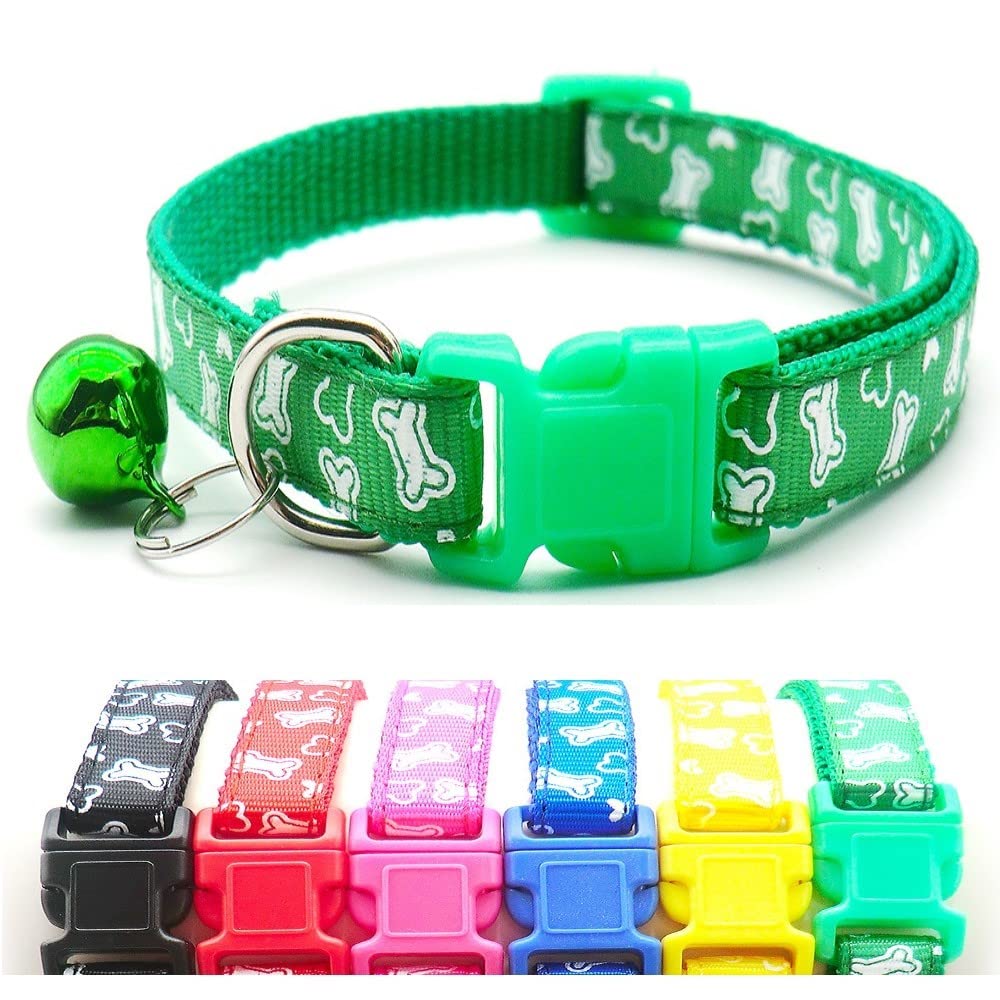 Small Dog Puppy Pet Collar White Bone Design with Bell Nylon Adjustable Size 19-32cm Green