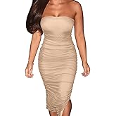 GOKATOSAU Women's Summer Strapless Mesh Bodycon Split Ruched Midi Party Dress