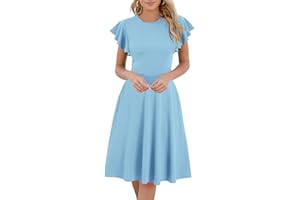 HELYO Women's Semi-Formal Ruffle Sleeves V-Back Work Fit and Flare Cocktail Wedding Guest Dress with Pockets 842