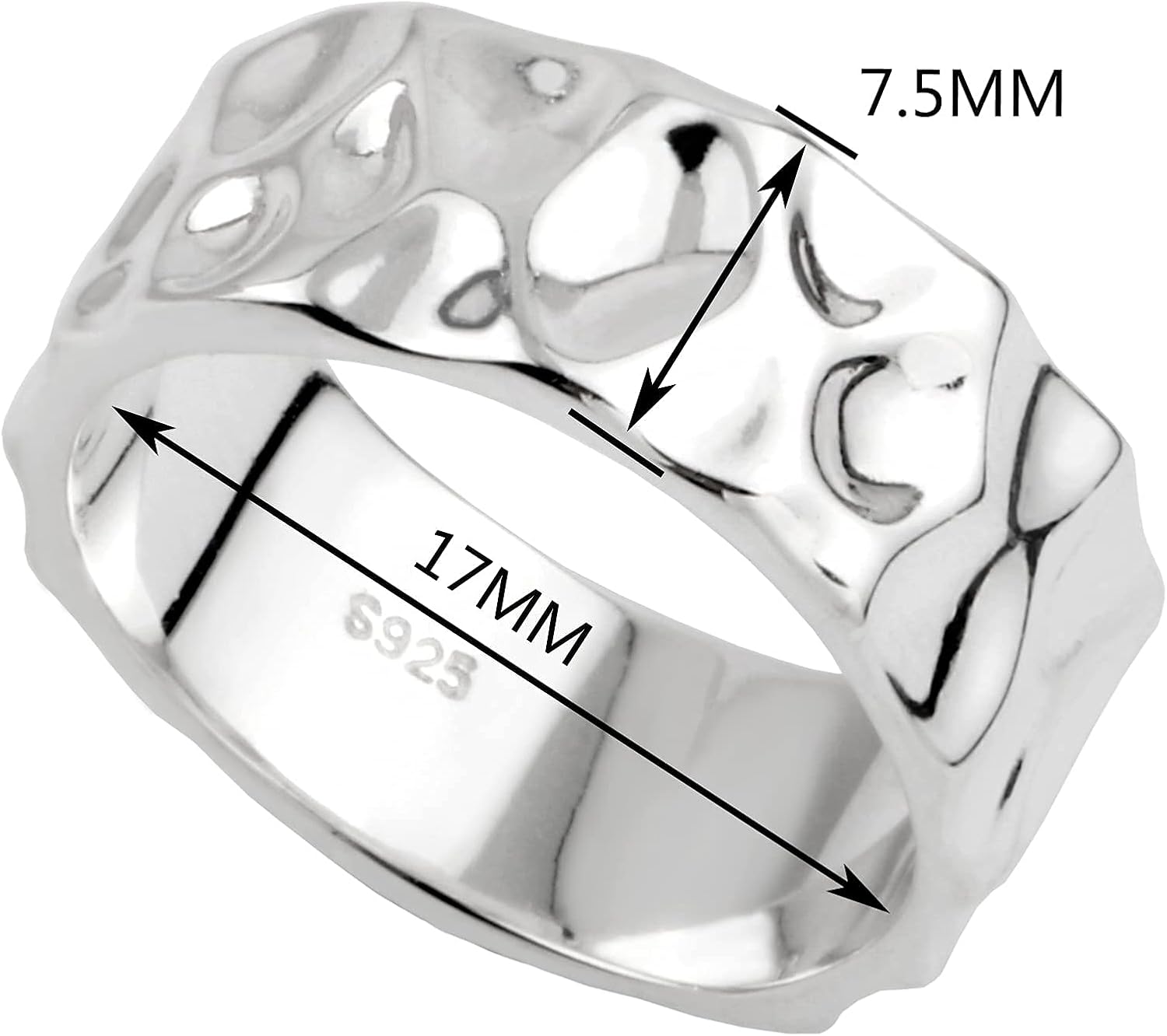 Kakikaki Sterling Silver Handmade Hammered Wide Ring Textured Statement Band Rings for Women: Clothing