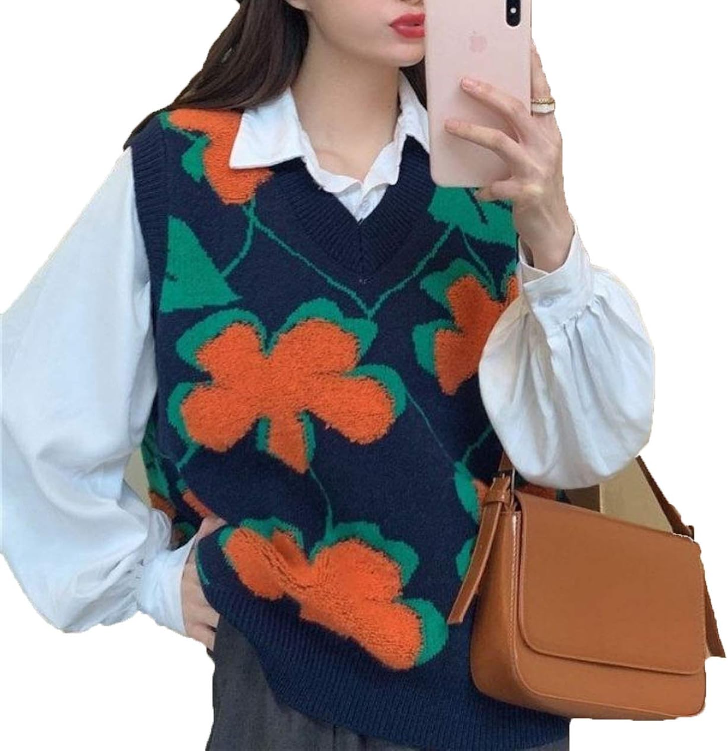 Women Sweater Vest Floral Panelled Loose Sleeveless Knitted Sweaters