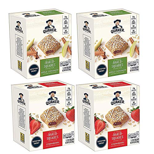 Quaker Baked Squares, Soft Baked Bars, Apple Cinnamon & Strawberry, 5 Bars (Pack of 4) ( Packaging May Vary )
