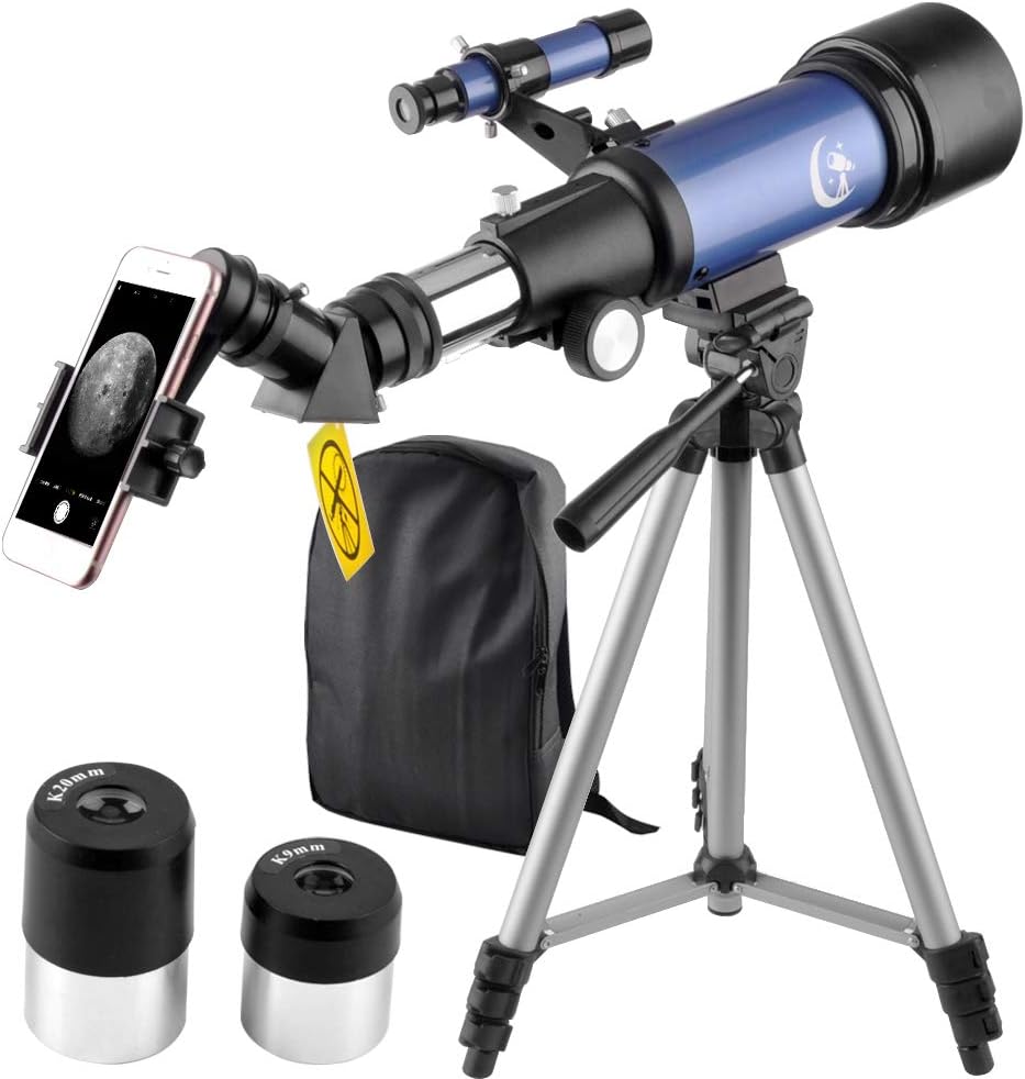 Telescope 70mm Apeture 400mm AZ Refractor Scope Blue- Travel Scope for Kids and Beginners with Backpack, Tripod and Smartphone Adapter to View Moon and Planet