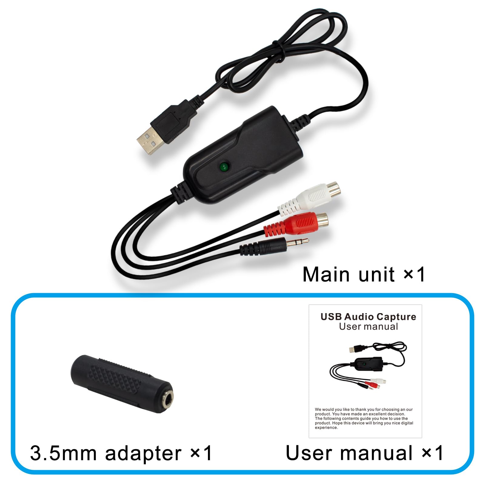 Wiistar USB2.0 Audio Capture Card RCA L/R+3.5mm Audio to USB up to 96kHz Wave/MP3 for Tape MD CD Player Phono Laptop