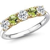 Gem Stone King 925 Silver and 10K Yellow Gold White Topaz and Green Peridot Wedding-Bands Ring For Women | 1.59 Cttw | Round 4MM | Gemstone November Birthstone
