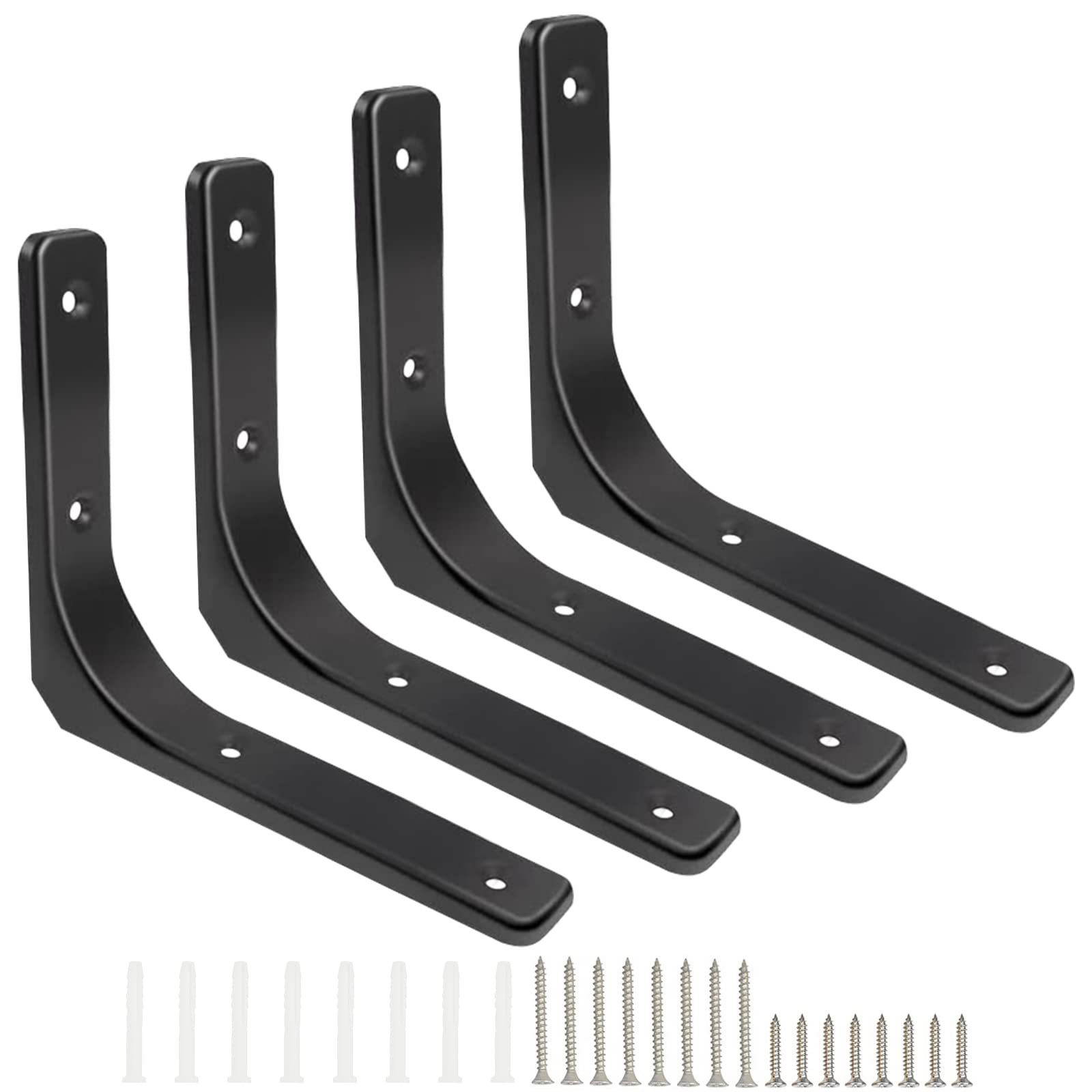 Heavy Duty Shelf Brackets 8 x 10 Inch – 4 Pack L Shape Wall Mounted Metal Brackets for Shelves & Bookshelves, Decorative Support Brackets - Black