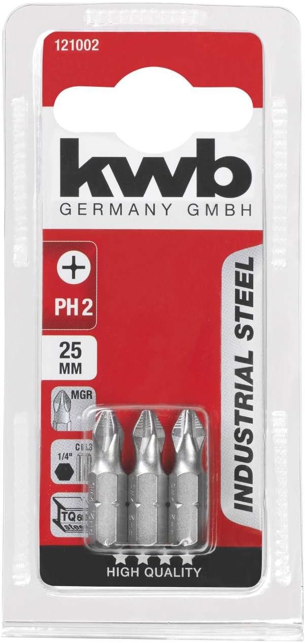 kwb 3 x 25mm PH2 Industrial Steel Bits for Secure Fastening Mega Grip Ribs, 1/4'' Hex Shank, Pack of 3, 3er Pack