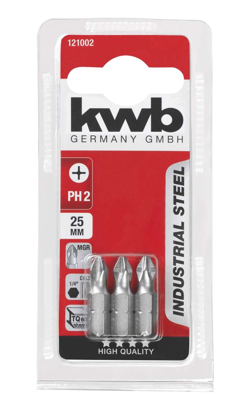 kwb 3 x 25mm PH2 Industrial Steel Bits for Secure Fastening, Mega Grip Ribs, 1/4'' Hex Shank