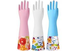 Bamllum 3 Pairs Rubber Cleaning Gloves, Household Kitchen Dishwashing Gloves with Cotton Flocked Liner, Long Cuff 16 Inches, Reusable, Non-Slip (Medium, Blue+Pink+White)