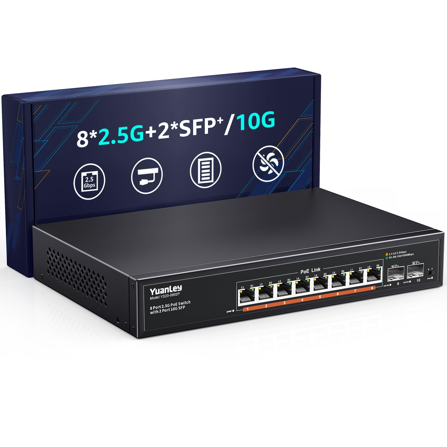 YuanLey 10 Port 2.5G PoE Switch Unmanaged, 8 x 2.5G Base-T PoE Ports, 2X 10G SFP, IEEE802.3af/at, 120W, Compatible with 100/1000/2500Mbps, Metal Fanless, Desktop/Rack Mount 2.5Gbe Network Switch