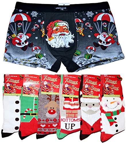 London Dream Gift Set Mens Christmas Boxer Shorts Festive Xmas Trunks Printed Novelty 1x Brief Plus 3X Socks