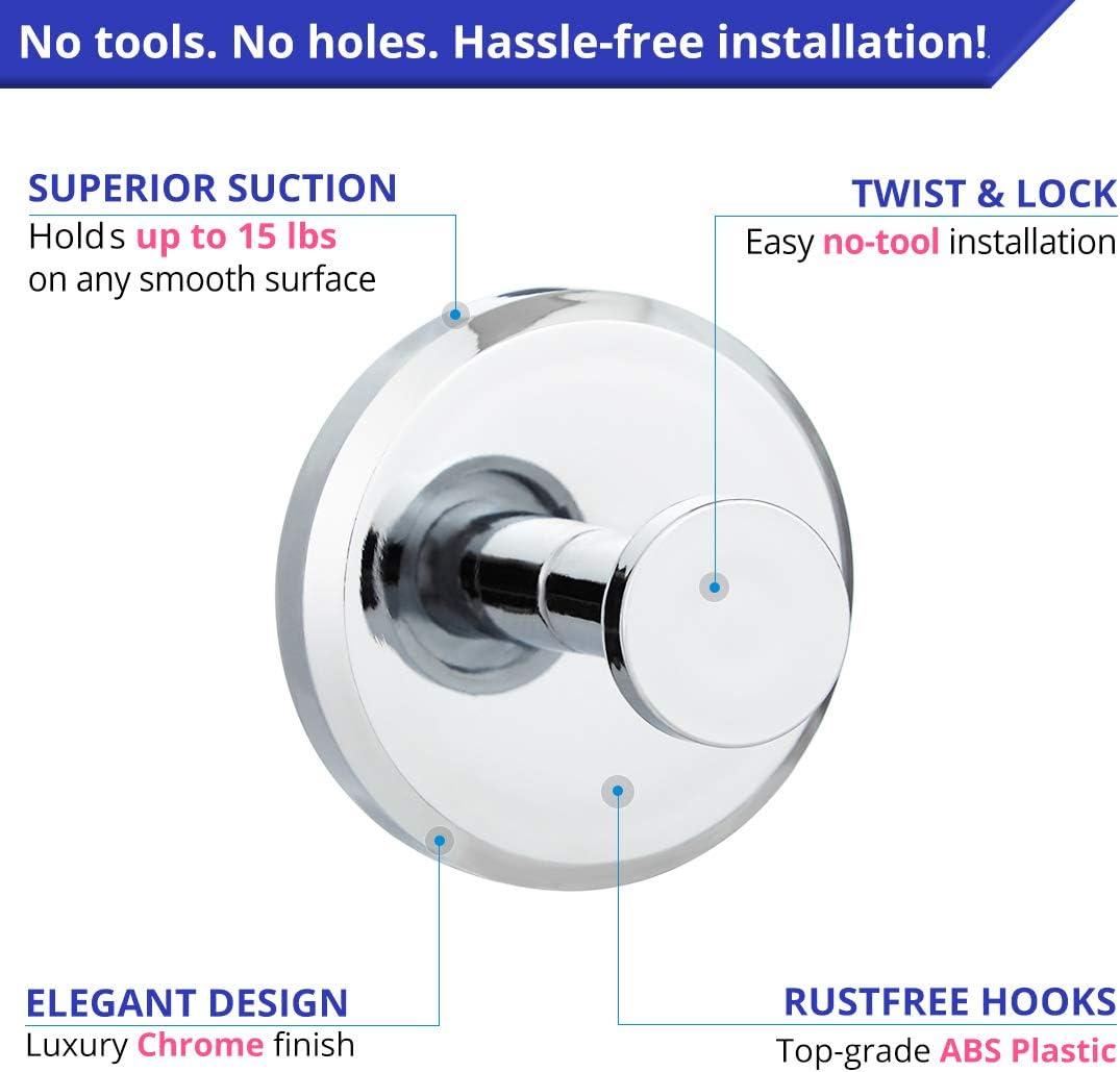 HOME SO Suction Cup Hooks for Shower, Bathroom, Kitchen, Glass Door, Mirror, Tile – Loofah, Towel, Coat, Bath Robe Hook Holder for Hanging up to 15 lbs – Waterproof & Rustproof, Chrome (2-Pack): Home & Kitchen