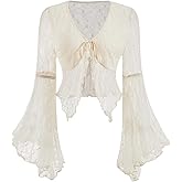 Verdusa Women's Lace Tops Tie Front Bell Long Sleeve Sheer Blouse Crop Tops