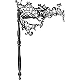 Thmyo Venetian Halloween Mardi Gras Party Mask with Holding Stick, Carnival Handheld Metal Feather Rhinestone Masquerade Mask