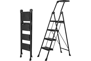 XinSunho 4 Step Ladder, Foldable Handrail & Tool Tray Stool Ladders with Anti-Slip Wide Pedal, 660 lbs Sturdy Steel Ladder for Home Kitchen and Outdoor