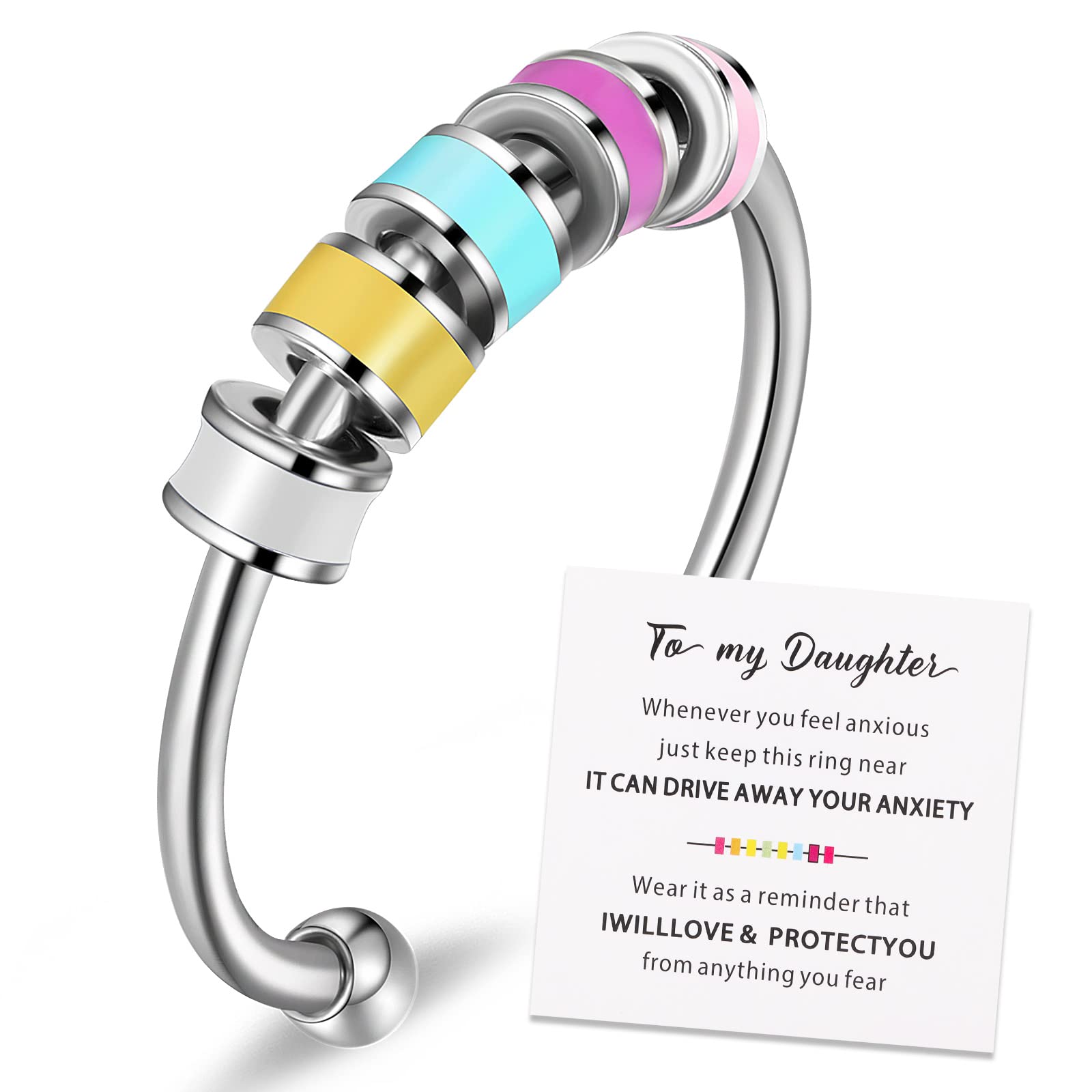 Herdear Fidget Ring Stainless Steel Adjustable Open Anxiety Rings Anti Stress Fidget Rotating Rings with Multicolor Beads for Women Men Anxiety Relieving (Fresh Style)