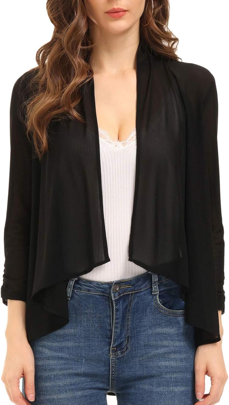 Women 3/4 Sleeve Ruffle Cropped Shrug Casual Sheer Bolero Cardigan