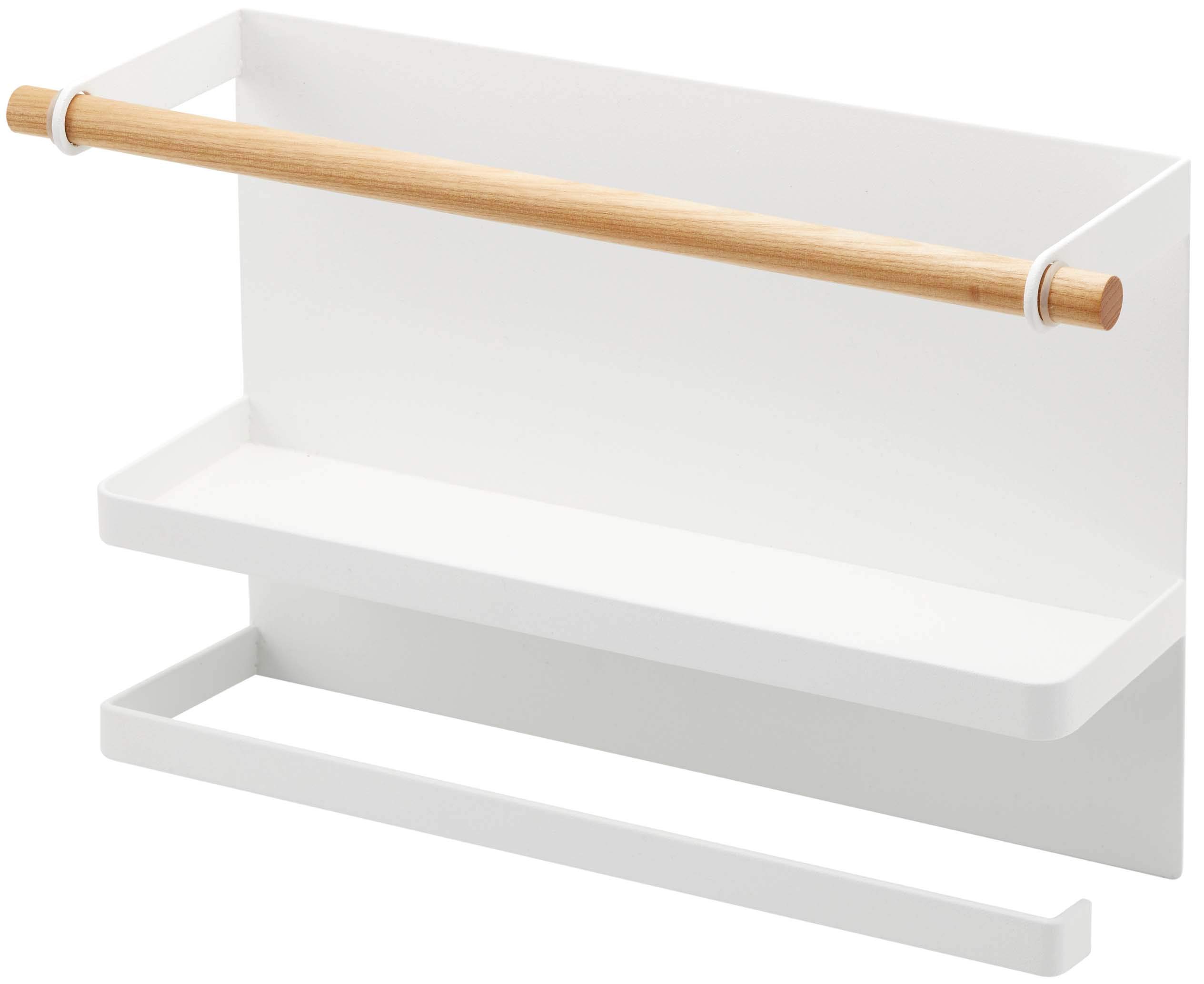 Yamazaki 5087 TOSCA Magnetic Side Rack, white, Steel/Wood/Silicone, Minimalist, 32 x 9.5 x 20 cm