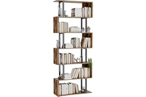 Gadroad 6 Tier Geometric Bookcase,S Shaped Bookshelf, Wood Decorative Storage Shelving, Modern Freestanding Display Shelves, Tall Book Shelf Unit for Living Room Bedroom, Rustic Brown