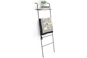 VRISA Blanket Ladder Wall Leaning Blanket Rack Farmhouse 5-Tier Metal Blanket Holder with Shelf Bath Towel Storage for Bathroom Quilt Bedroom Living Room Pool Black