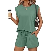 RUBZOOF Two Piece Sets for Women Summer Cap Sleeve Lounge Short Sets Crewneck Outfits with Pocket