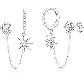 Moissanite Double Piercing Chain Earrings: 925 Sterling Silver Two Hole Huggie Hoop & Chain Link Dangle Stud Earrings Hypoallergenic Cartilage Lobe Jewelry Gifts for Women in Daily and Party