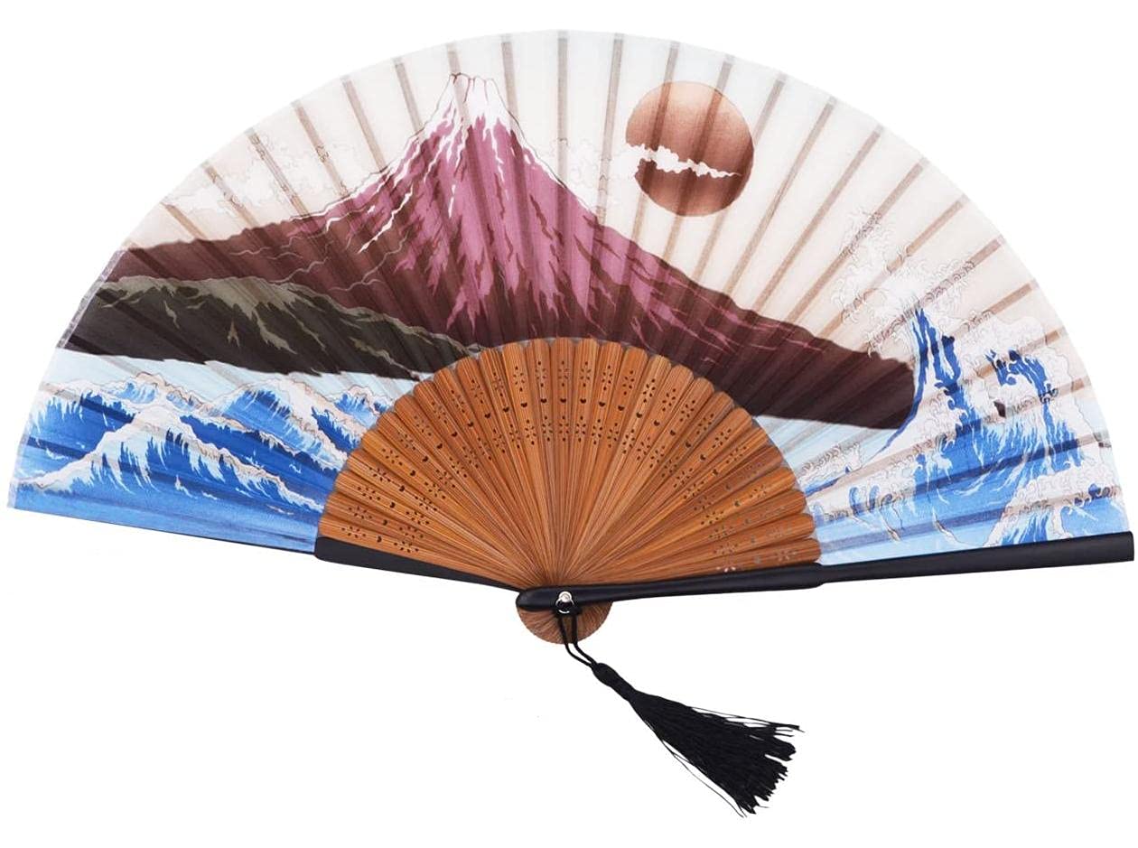 1SourceTek Rising Sun Landscape 8.27"(21cm) Folding Hand Held Fan - with a Fabric Sleeve Protection For Gifts - Japanese Vintage Retro Style