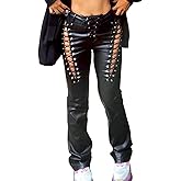 xxxiticat Women's Lace Up PU Leather Pants Chic High Waist Hollow Out Drawstring Bandage Cut Out Faux Leather Trousers