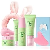 QUIYUM Green Tea Skin Care Gift Set, Facial Skincare Products for Teens, Oil Control, Moisturizes, Reduce Dullness, with Toner, Cleanser, Mud Mask, Eye Cream, GUASHA Broad, Face Wash Brush & Headband