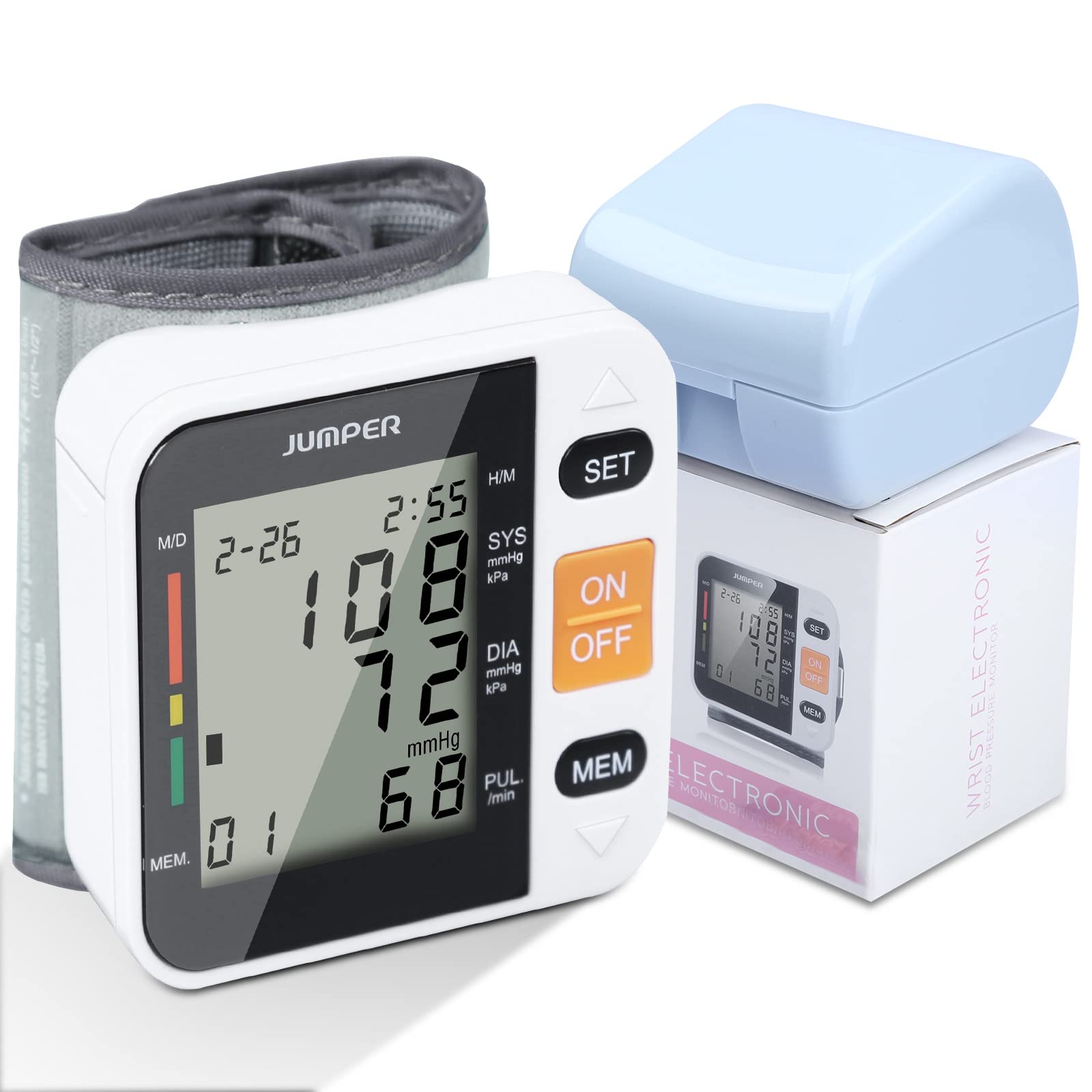 JUMPER Wrist Blood Pressure Monitor for Home, Automatically Measure Blood Pressure Monitor with Heart Rate Pulse, Large Digital LCD Screen Display, 90 Memory Capacity (White)