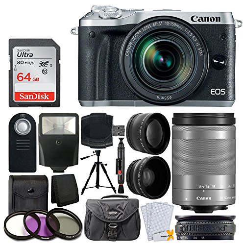 Canon-EOS-M6-Mirrorless-Digital-Camera-with-18-150mm-Lens-Silver-64GB-Memory-Card-Wide-Angle-Telephoto-Lens-Medium-Gadget-Bag-Quality-Tripod-Slave-Flash-UV-Filter-Kit--Ultimate-Bundle