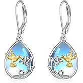 YFN Bee/Flower/Hummingbird Bird Moonstone Earrings 925 Sterling Silver Teardrop Dangle Hypoallergenic Leverback Earring for Women