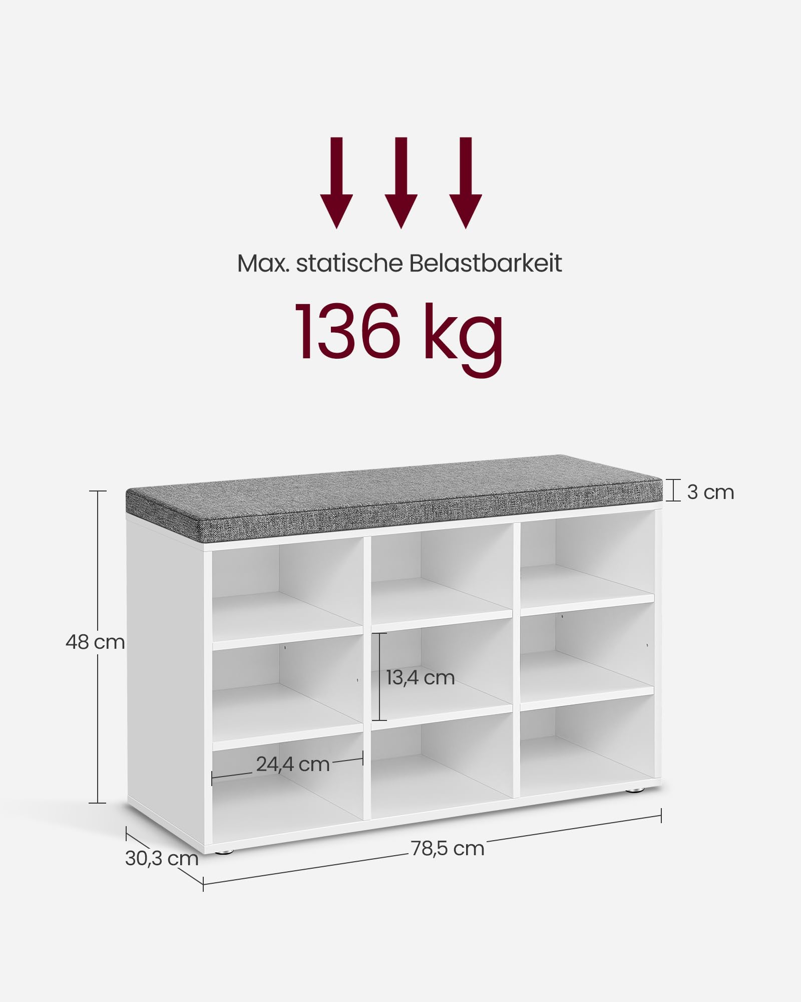 VASAGLE Schuhbank, Schuhregal mit Sitzfläche, Sitzbank mit Stauraum, Kissen, 9 Fächer, verstellbare Ablagen, für Wohnzimmer, Flur, 30,3 x 78,5 x 48 cm, wolkenweiß-Taubengrau LHS009W14 3
