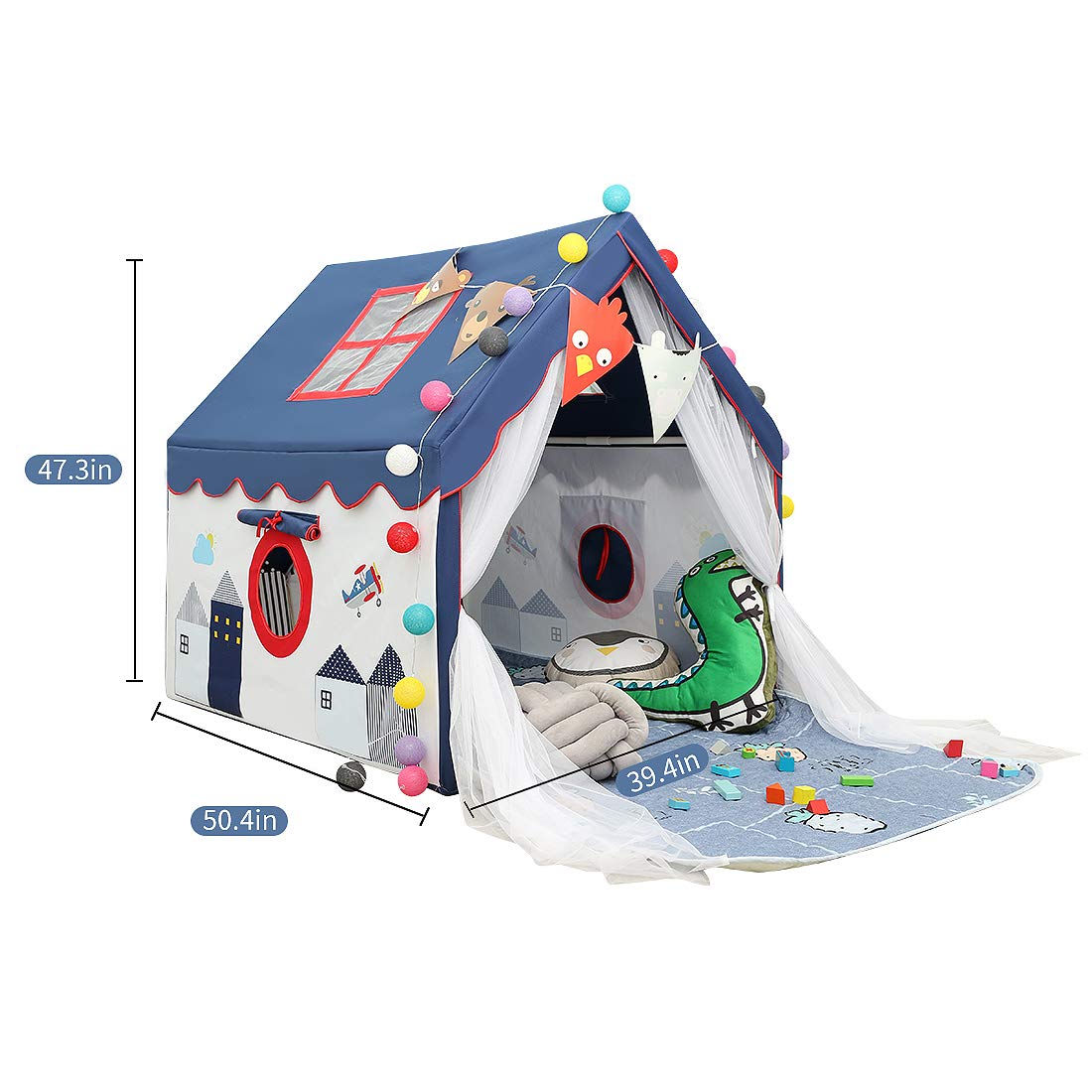 Kids Tents Indoor Playhouses Boys 9.9Ft Star String Lights Blue Tent for Upgraded Large and Longer Curtain with Colorful Accessories Decoration 50.4