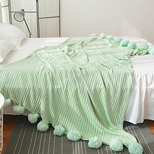 Tenghe 100% Cotton Knit Throw Blanket Pom Pom Fringe Sofa Bedding Couch Cover (59"WX79"L,Aqua)